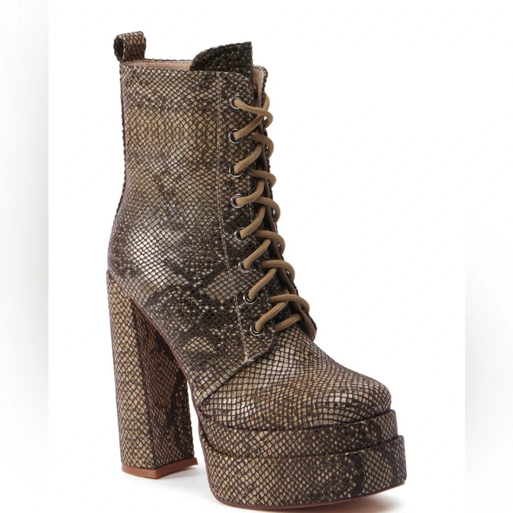 AZALEA WANG Brown Vegan Snakeskin Combat Boots - Picture 2 of 6
